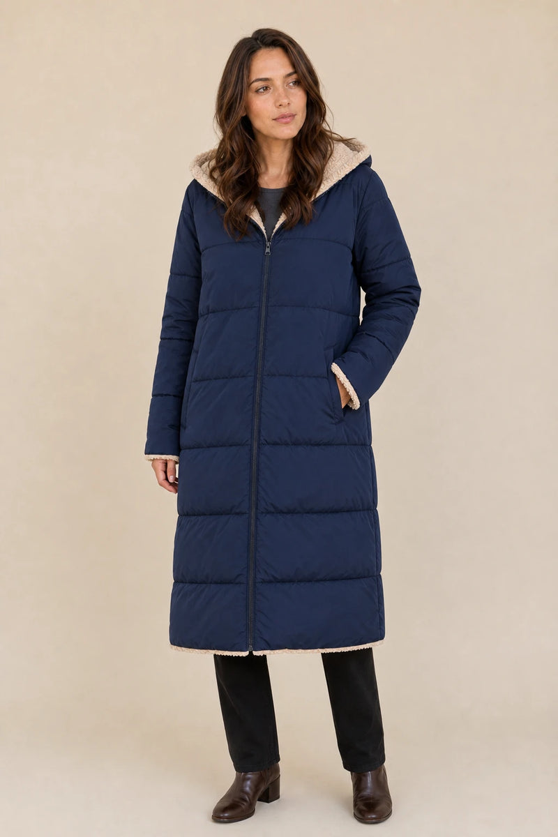 Celine | Hooded Puffer Coat in Navy Blue, studio front view