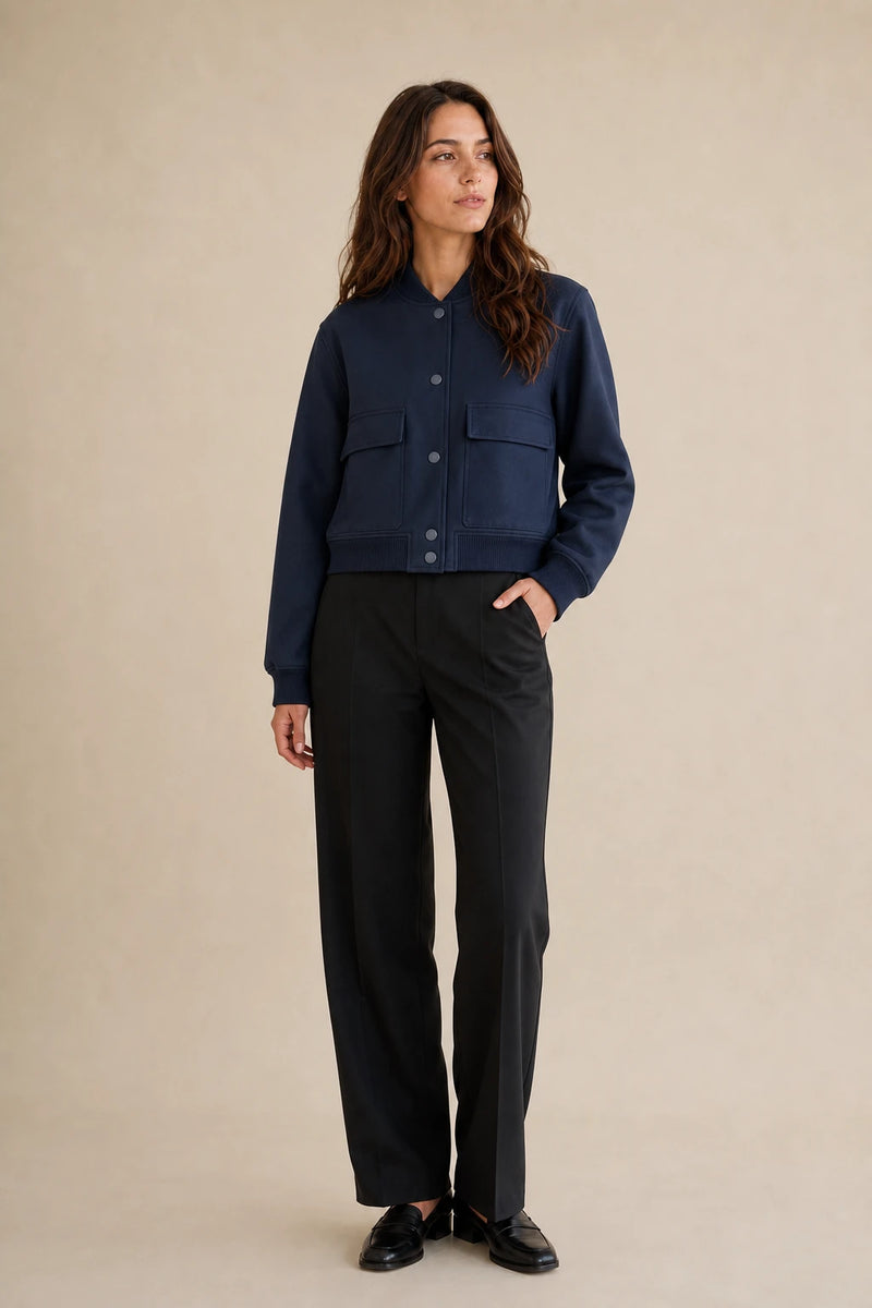 Fleur | Collared Button Jacket in Navy Blue, studio front view