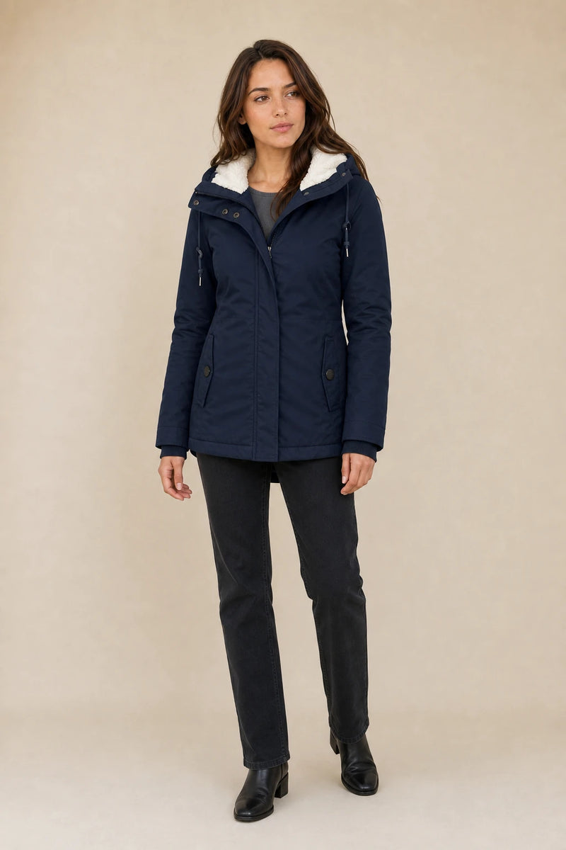 Frankie | Hooded Fleece-Lined Coat in Navy Blue, studio front view