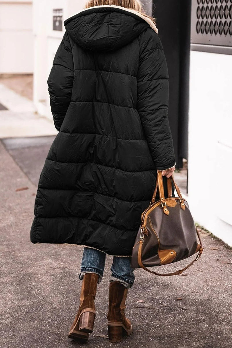 Reversible Long Puffer Coat for Women with Sherpa Lining and Hood in Black, back view