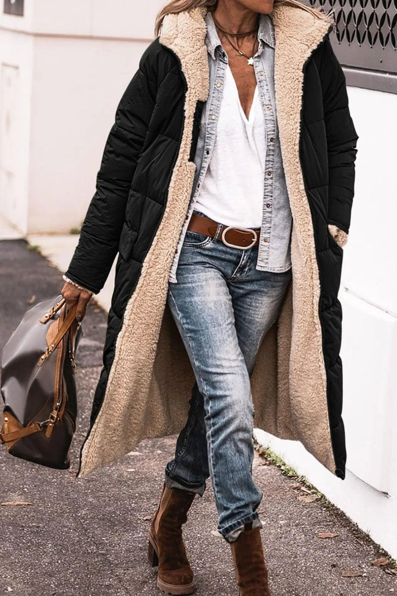 Reversible Long Puffer Coat for Women with Sherpa Lining and Hood in Black, front view