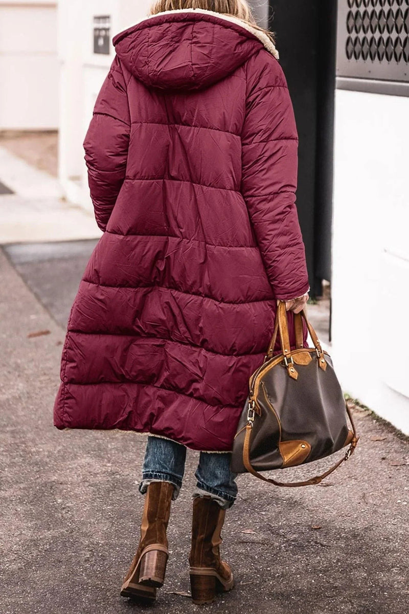 Reversible Long Puffer Coat for Women with Sherpa Lining and Hood in Burgundy, back view