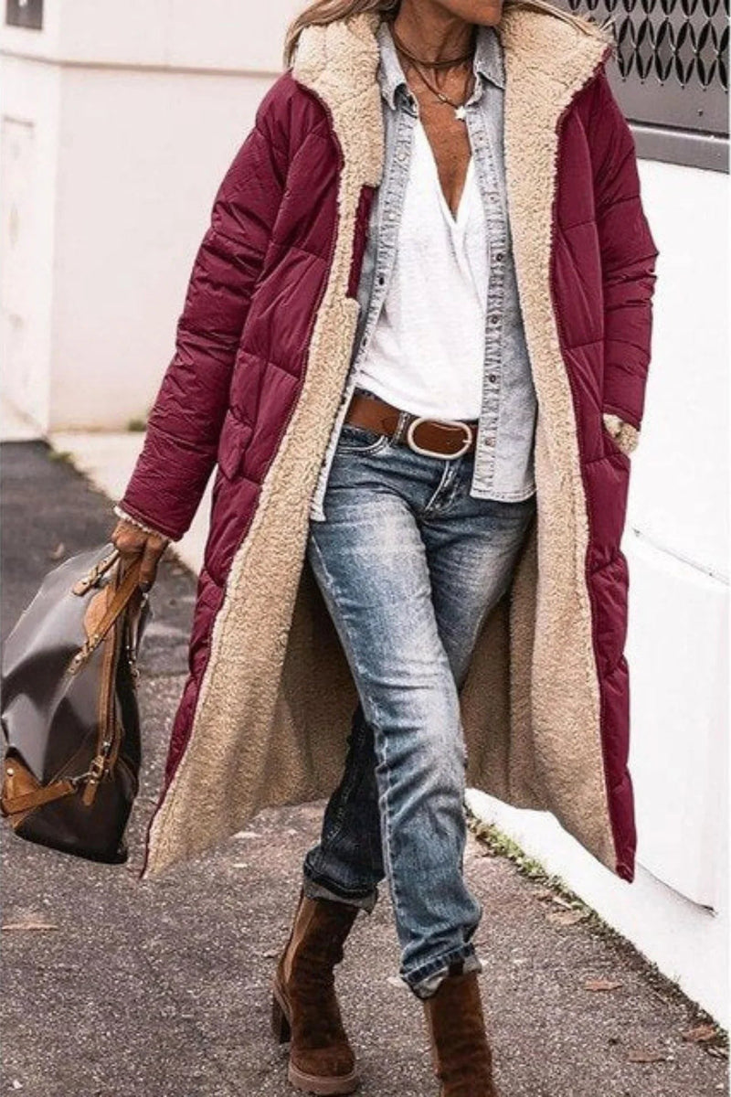 Reversible Long Puffer Coat for Women with Sherpa Lining and Hood in Burgundy, front view