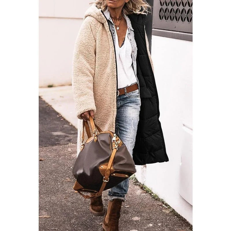Reversible Long Puffer Coat for Women with Sherpa Lining and Hood, sherpa side out front view