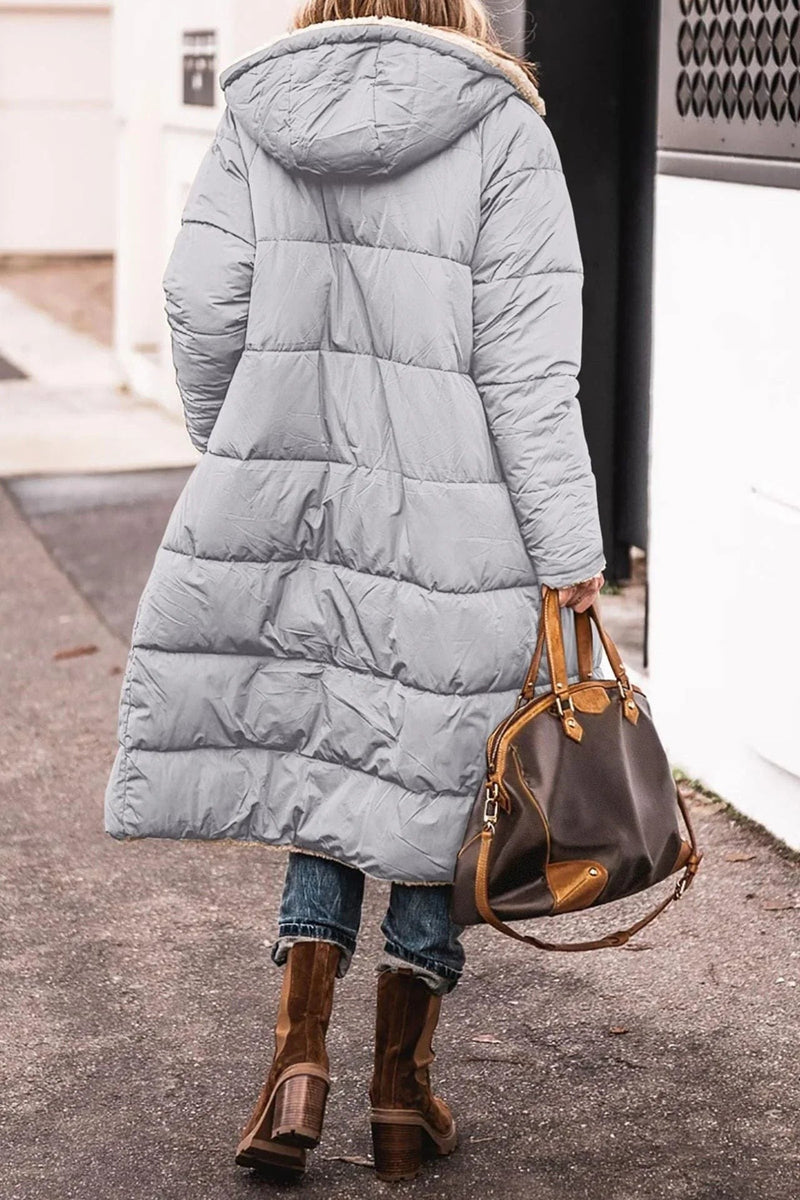 Reversible Long Puffer Coat for Women with Sherpa Lining and Hood in Gray, back view