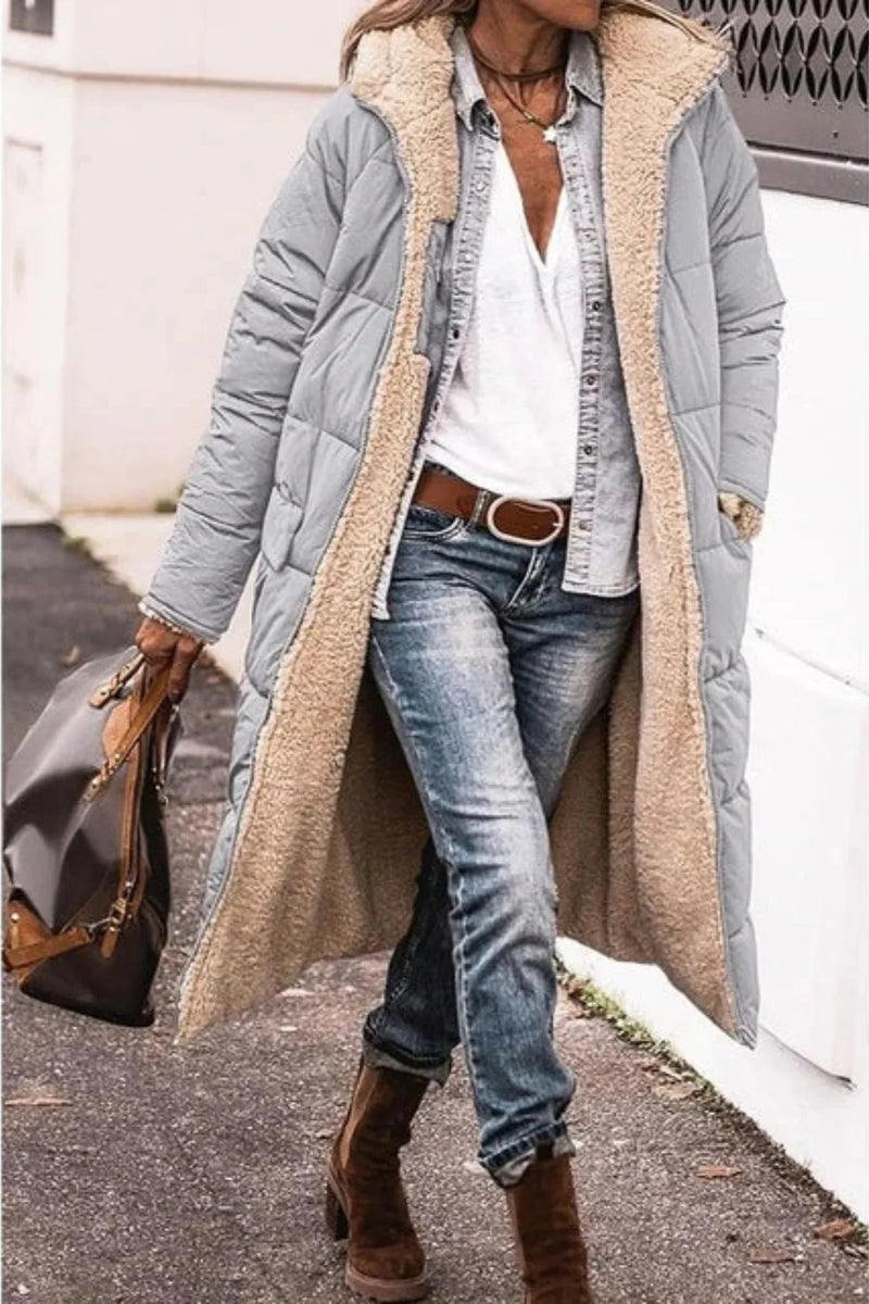 Reversible Long Puffer Coat for Women with Sherpa Lining and Hood in Gray, front view