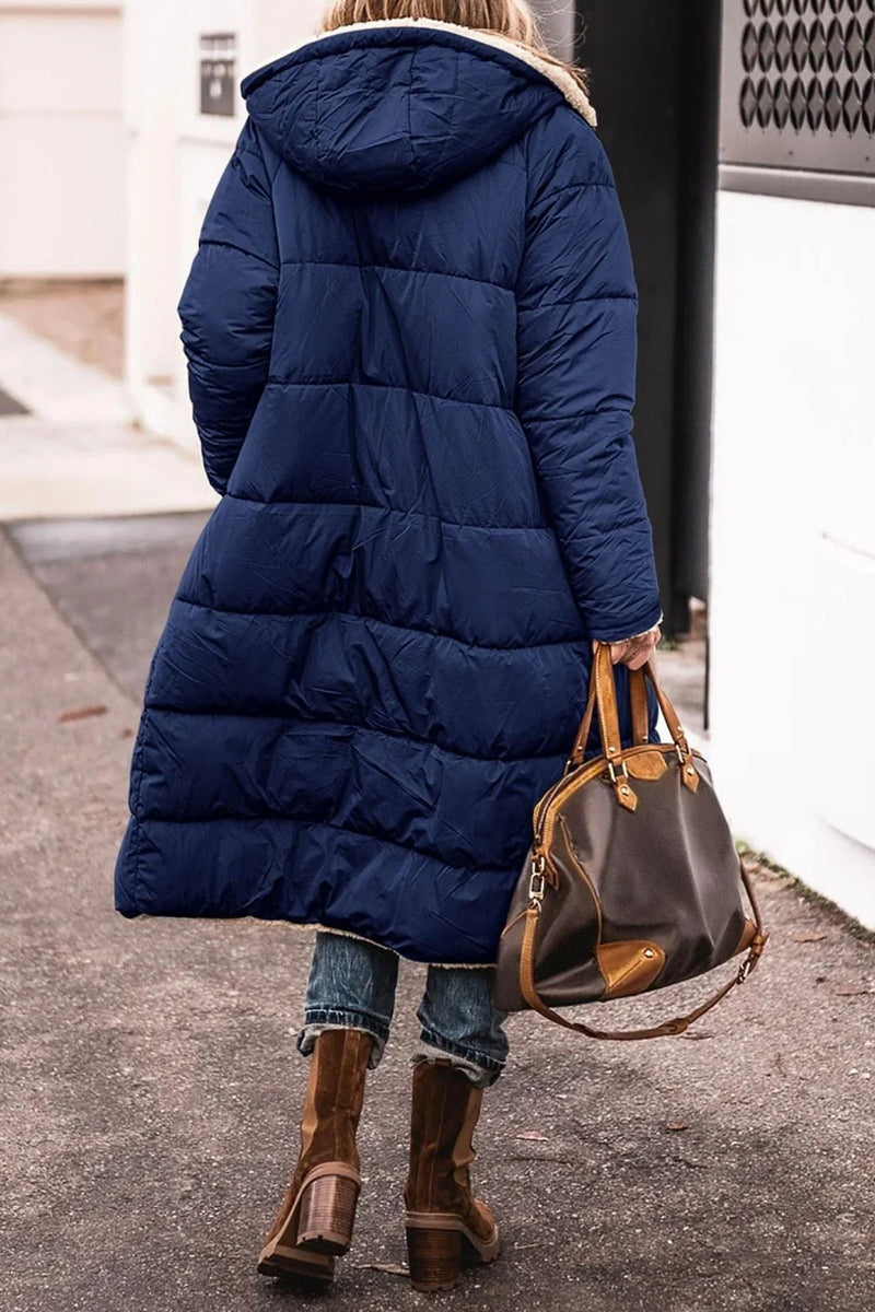 Reversible Long Puffer Coat for Women with Sherpa Lining and Hood in Navy Blue, back view