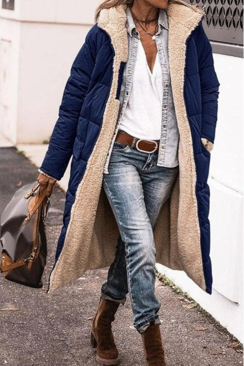 Reversible Long Puffer Coat for Women with Sherpa Lining and Hood in Navy Blue, front view