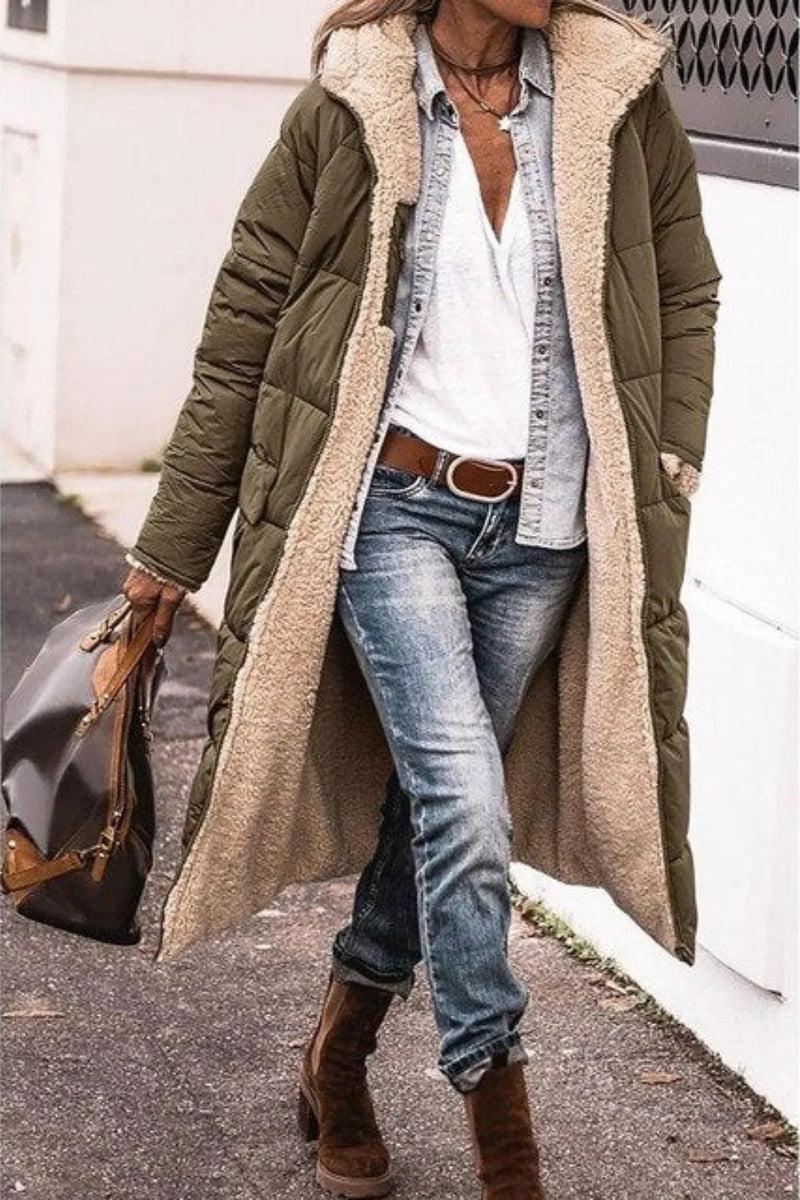 Reversible Long Puffer Coat for Women with Sherpa Lining and Hood in Olive Green, front view
