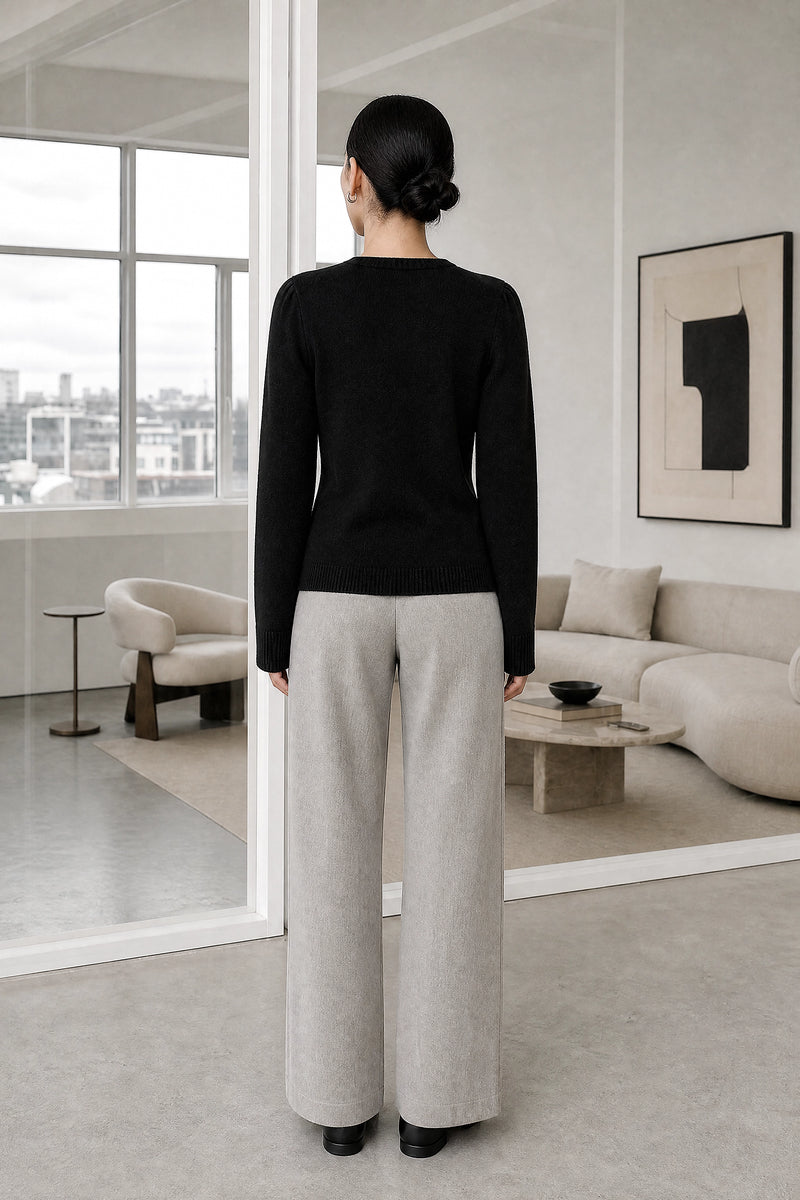 Nicole | Classic Knit Cardigan in Black, studio back view