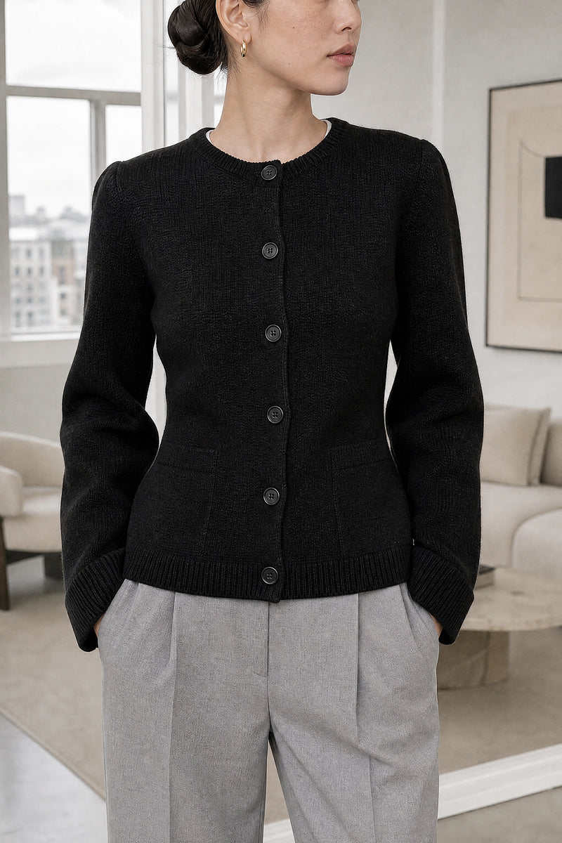 Nicole | Classic Knit Cardigan in Black, fabric close-up