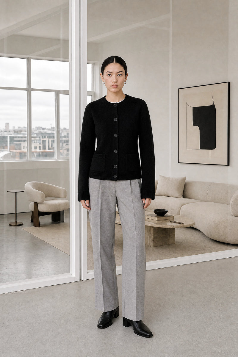 Nicole | Classic Knit Cardigan in Black, studio front view