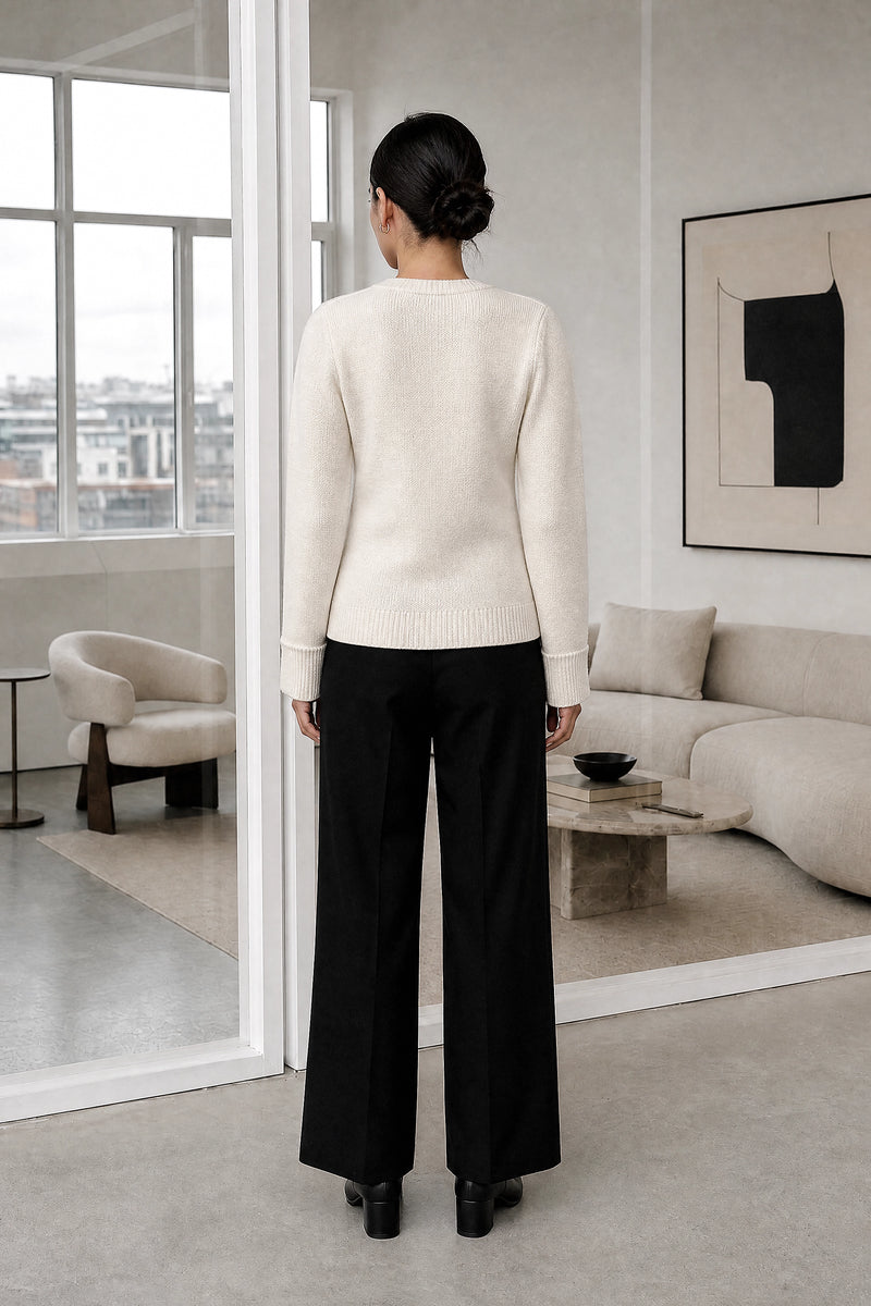 Nicole | Classic Knit Cardigan in Ivory, studio back view