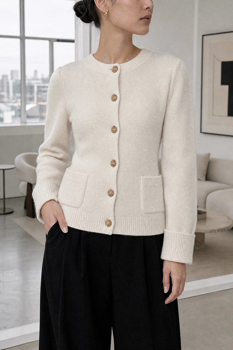 Nicole | Classic Knit Cardigan in Ivory, fabric close-up