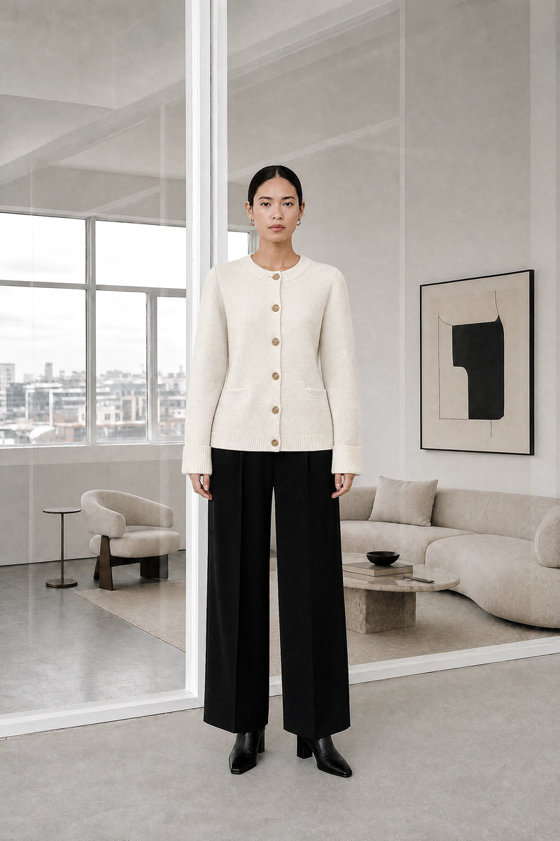 Nicole | Classic Knit Cardigan in Ivory, studio front view