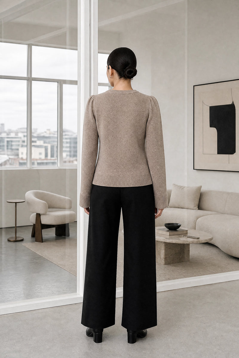 Nicole | Classic Knit Cardigan in Taupe, studio back view