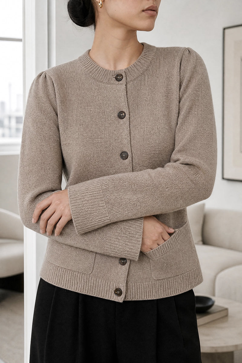 Nicole | Classic Knit Cardigan in Taupe, fabric close-up