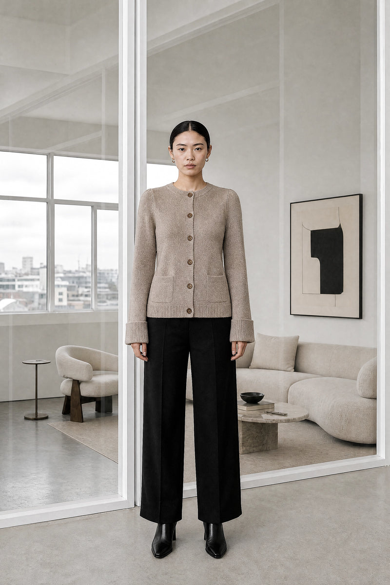 Nicole | Classic Knit Cardigan in Taupe, studio front view