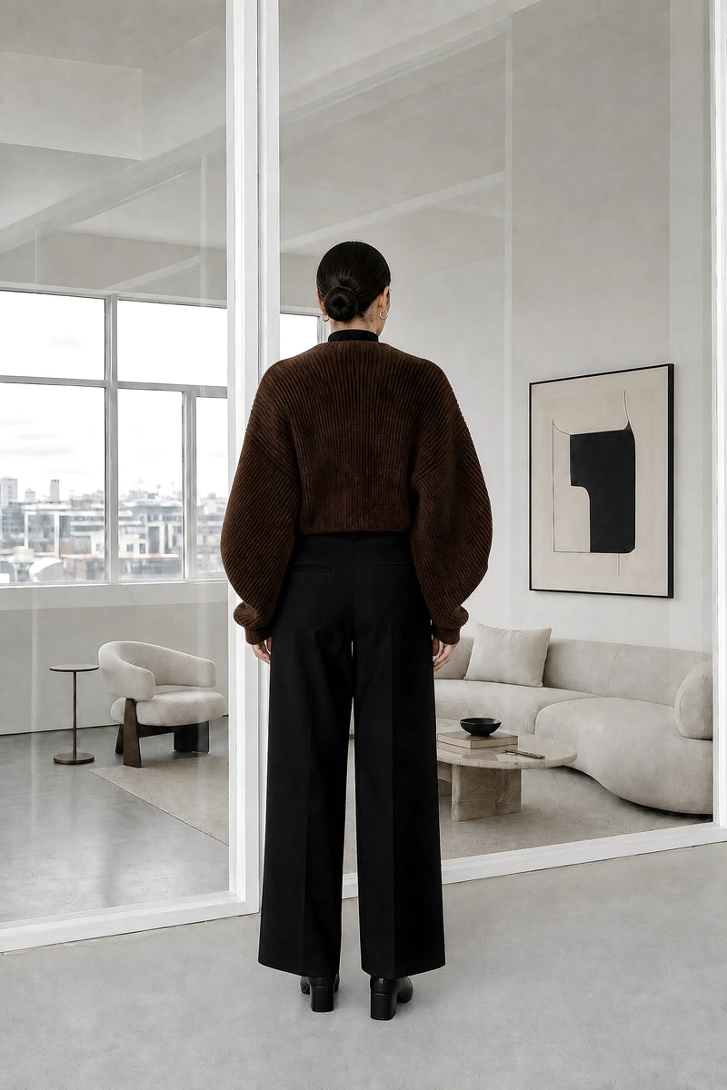 Nina | Puff Sleeve Cardigan in Brown, studio back view