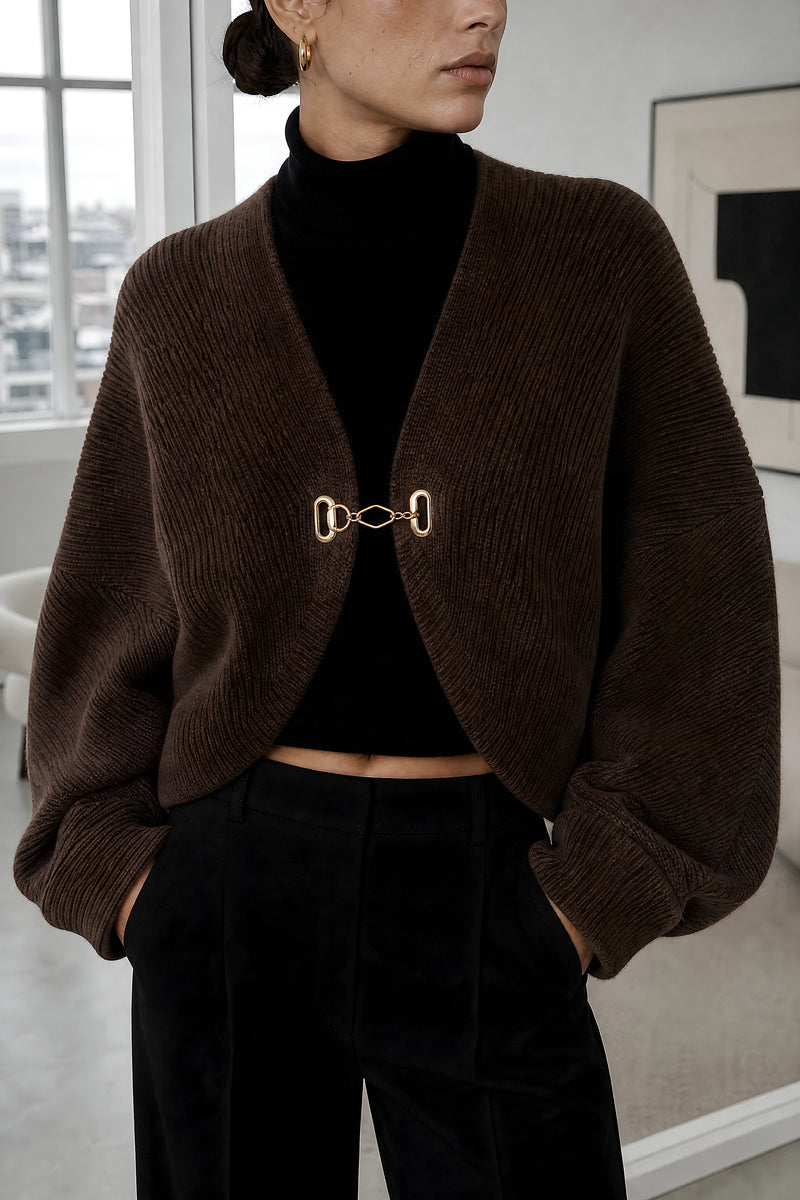 Nina | Puff Sleeve Cardigan in Brown, fabric close-up