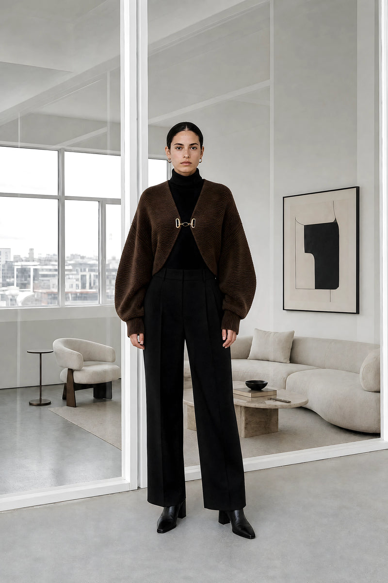Nina | Puff Sleeve Cardigan in Brown, studio front view