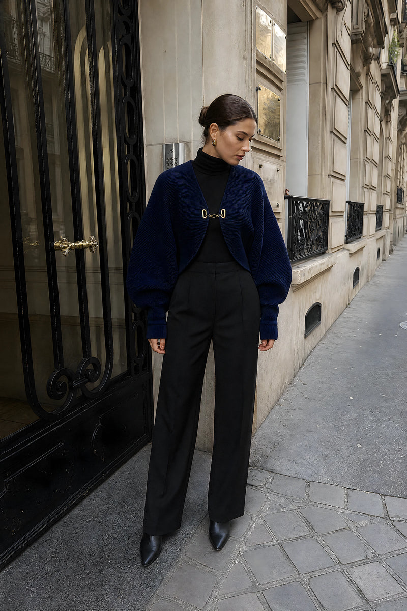 SOFAINE-V7-LIFE-Nina | Puff Sleeve Cardigan in Navy Blue, street-style view