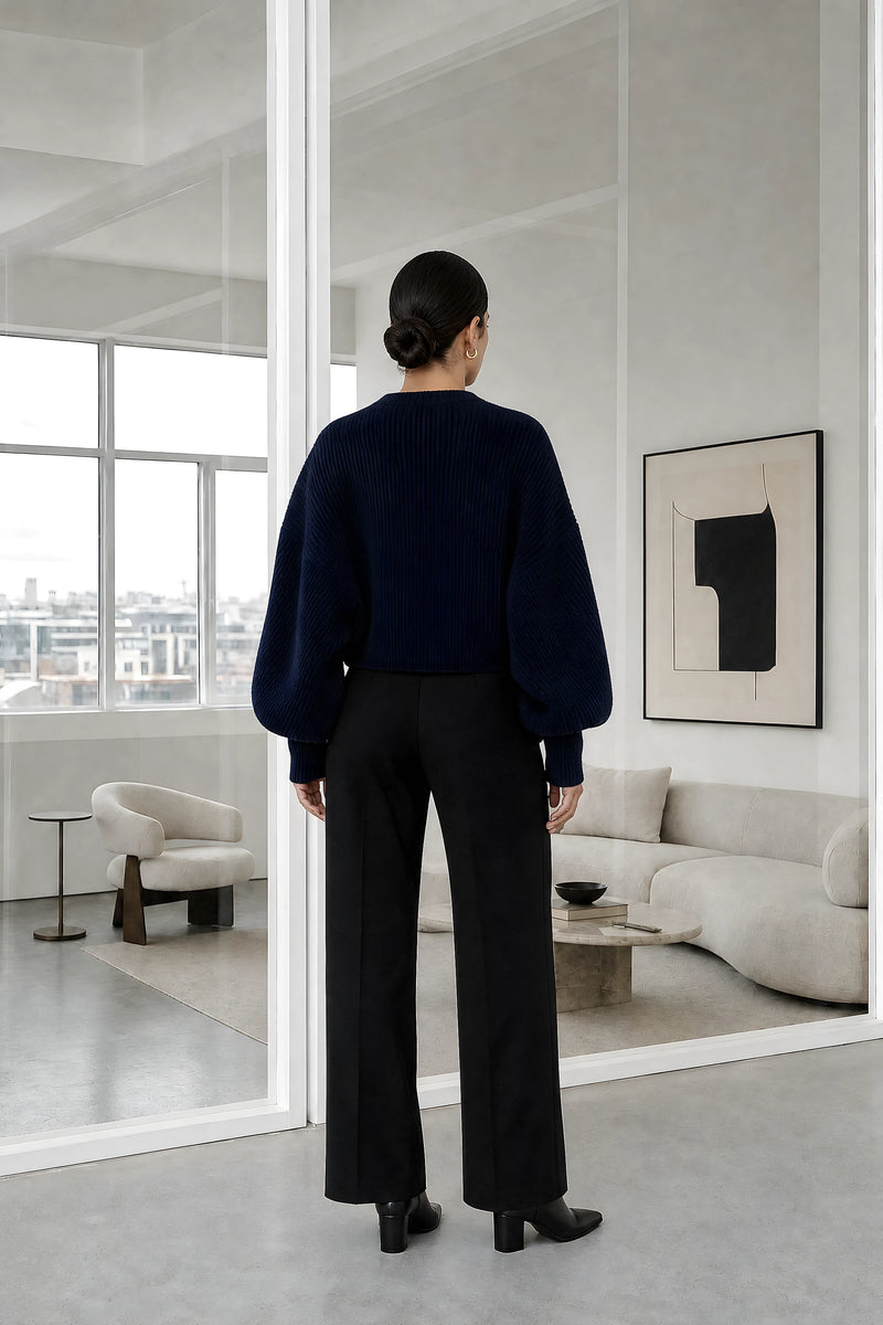 Nina | Puff Sleeve Cardigan in Navy Blue, studio back view