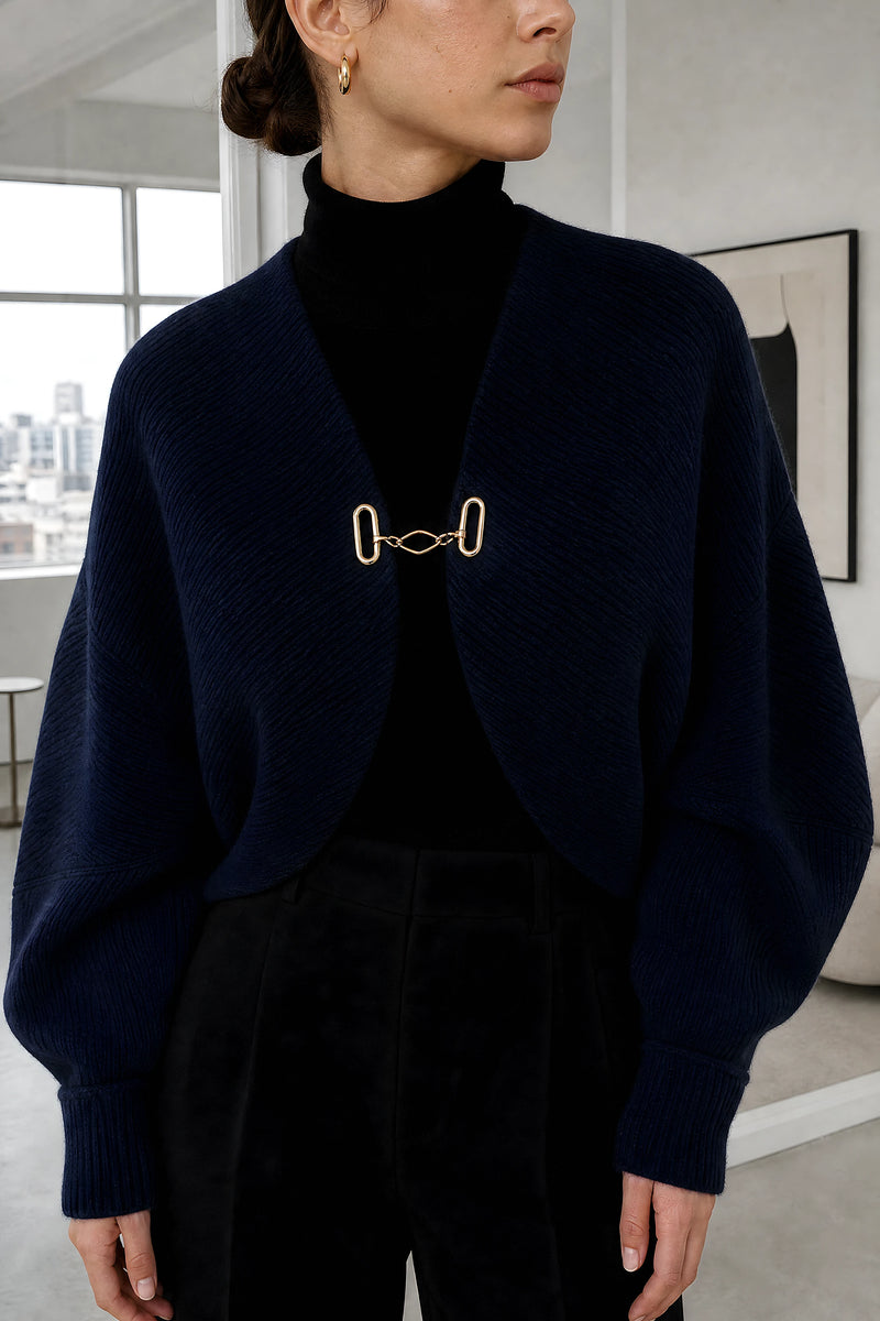 Nina | Puff Sleeve Cardigan in Navy Blue, fabric close-up