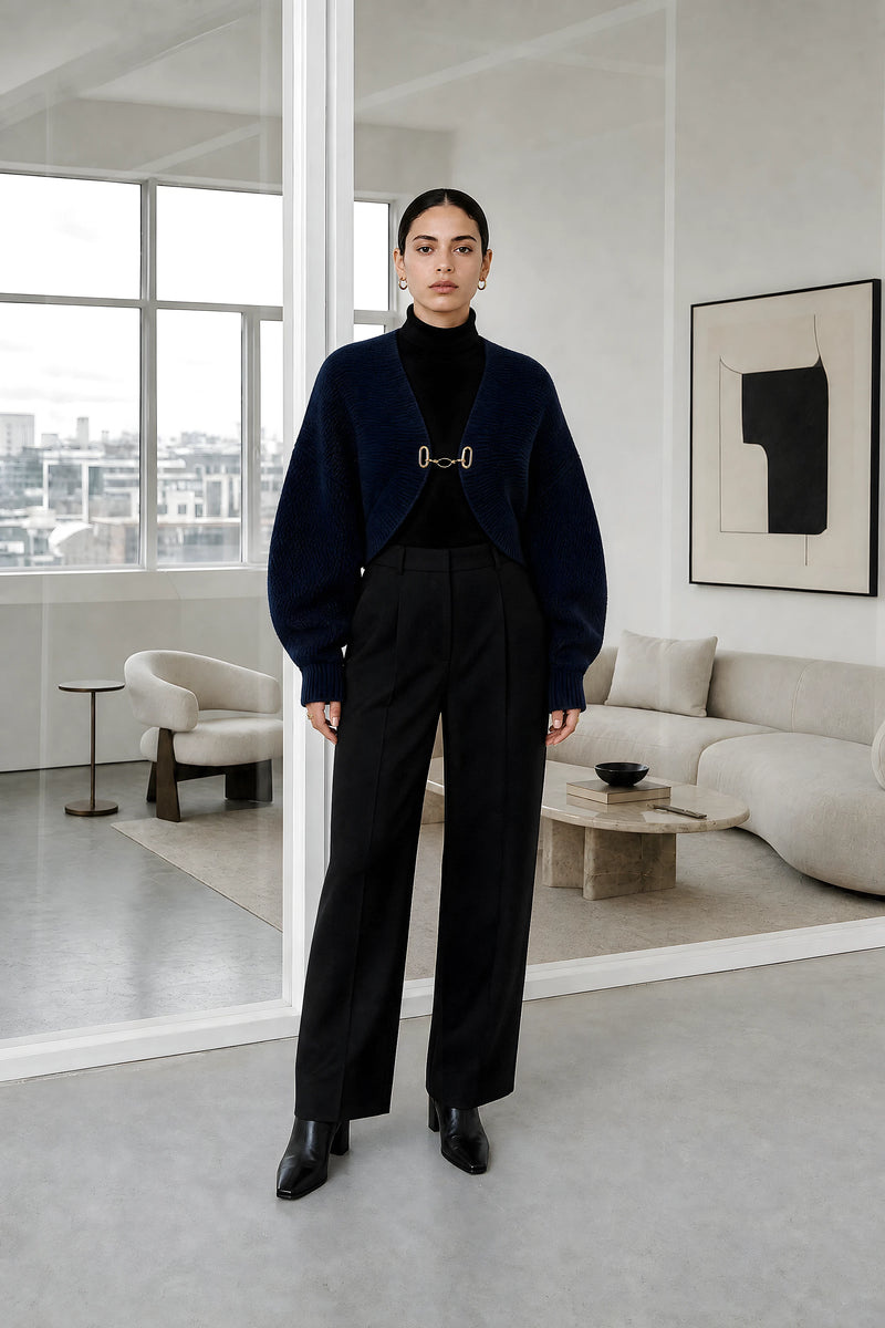 Nina | Puff Sleeve Cardigan in Navy Blue, studio front view