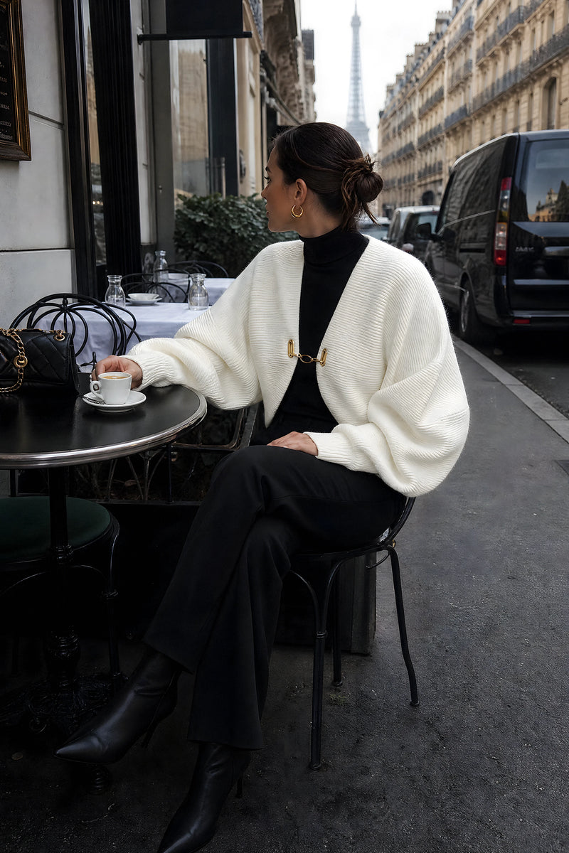 SOFAINE-V7-LIFE-Nina | Puff Sleeve Cardigan in White, café scene