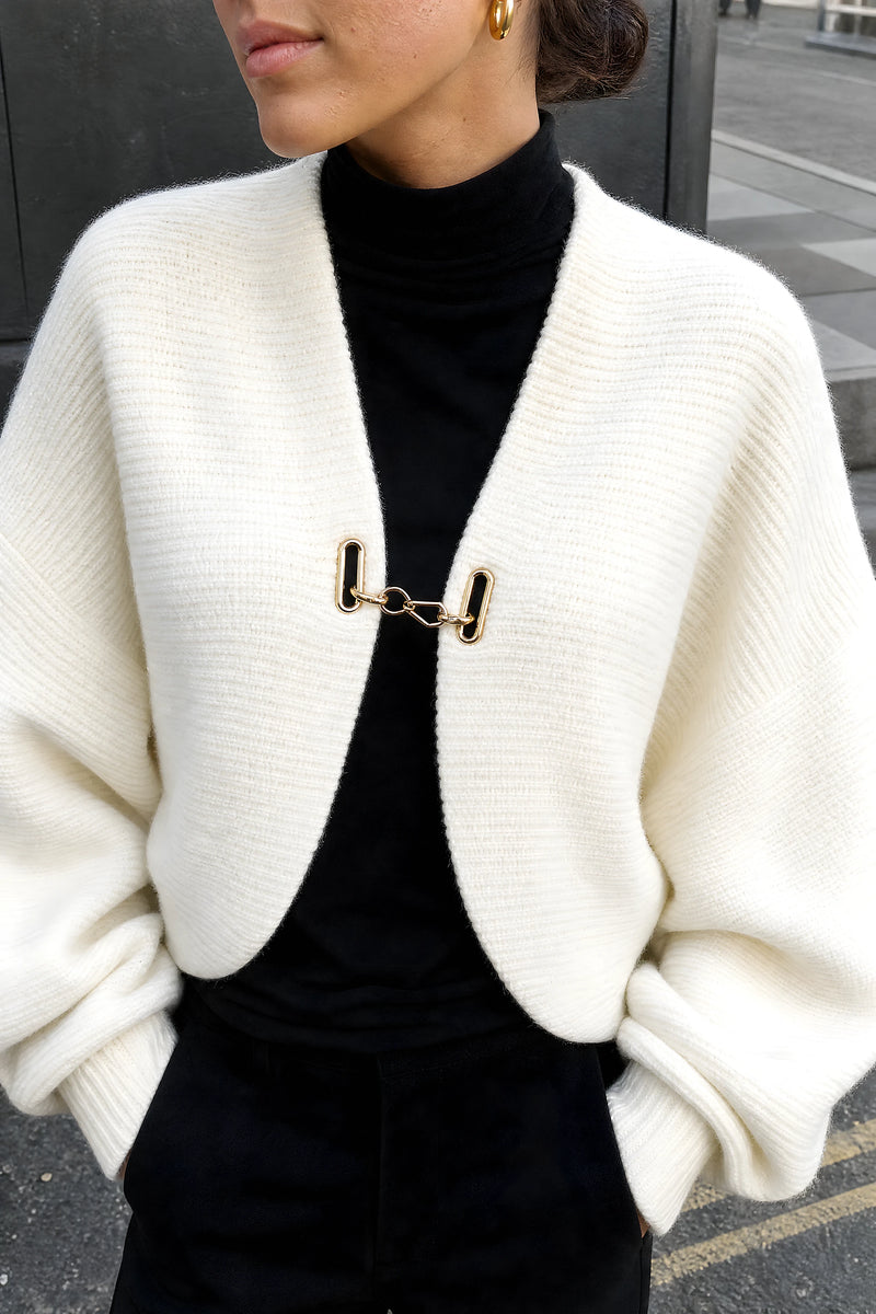 SOFAINE-V7-LIFE-Nina | Puff Sleeve Cardigan in White, detail close-up