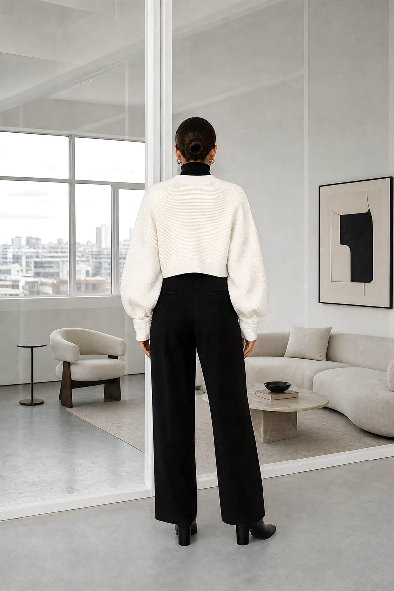 Nina | Puff Sleeve Cardigan in White, studio back view