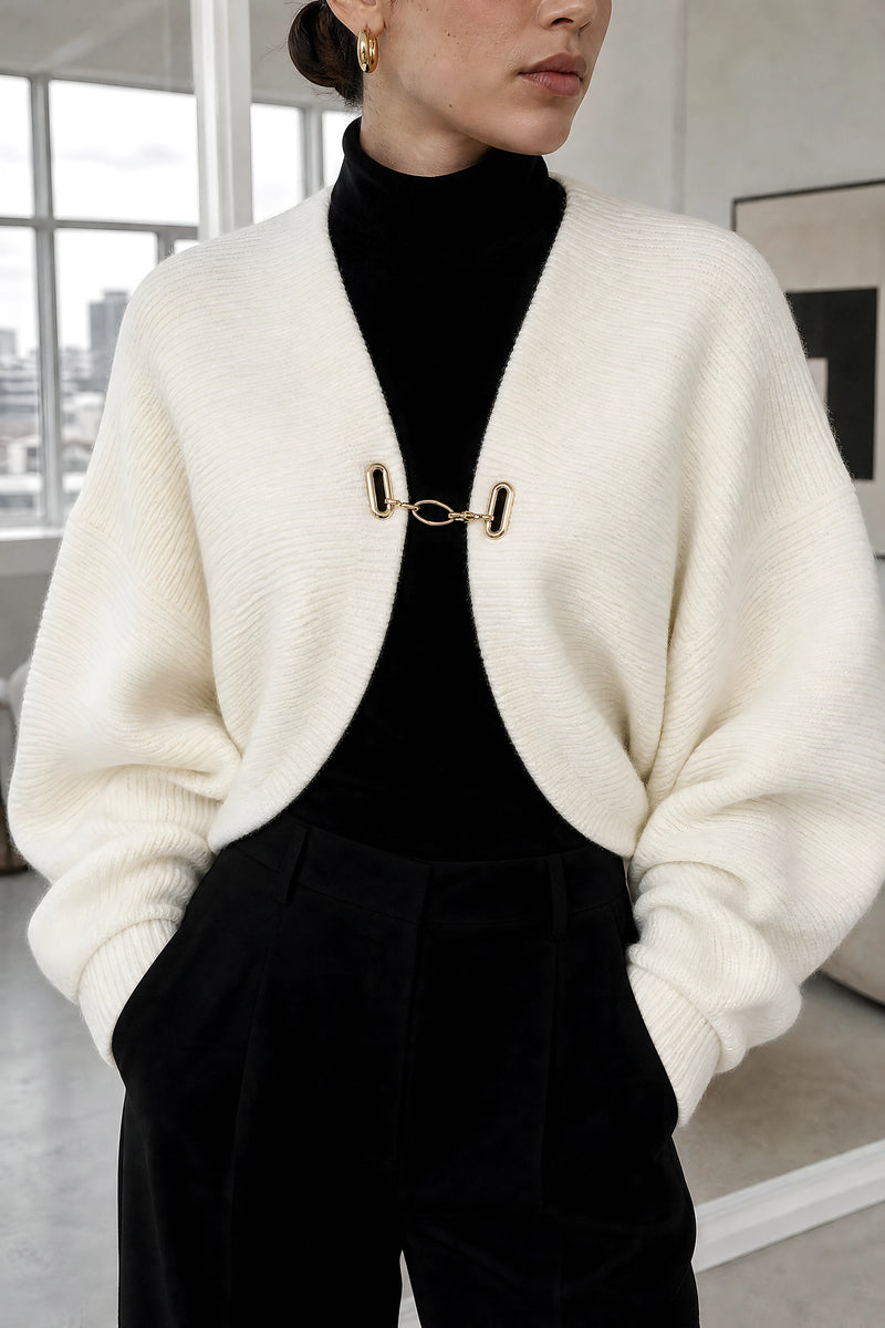 Nina | Puff Sleeve Cardigan in White, fabric close-up
