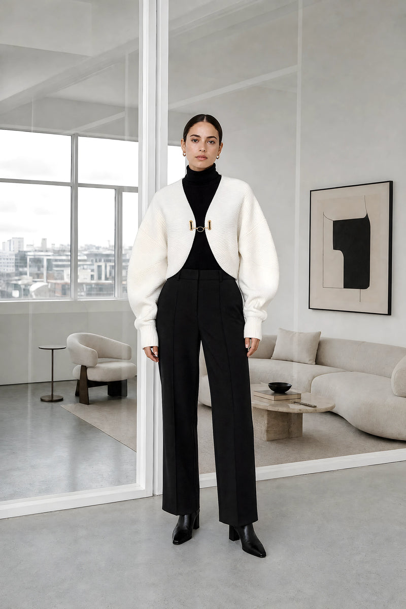 Nina | Puff Sleeve Cardigan in White, studio front view