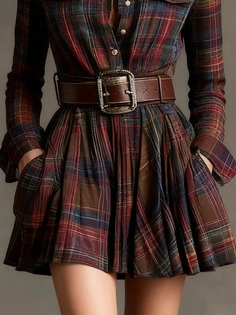 Belted Plaid Mini Shirt Dress for Women with Long Sleeves and Pockets in Burgundy, close-up