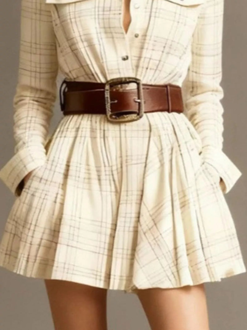 Belted Plaid Mini Shirt Dress for Women with Long Sleeves and Pockets in Cream, close-up