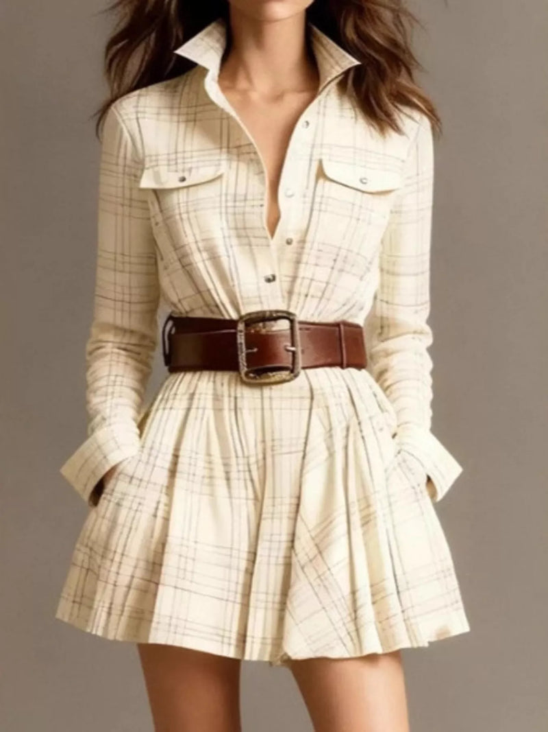 Belted Plaid Mini Shirt Dress for Women with Long Sleeves and Pockets in Cream, front view