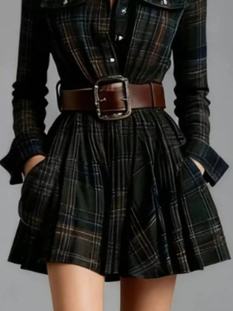 Belted Plaid Mini Shirt Dress for Women with Long Sleeves and Pockets in Dark Green, close-up