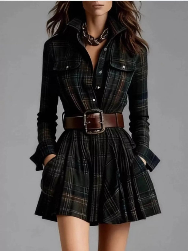 Belted Plaid Mini Shirt Dress for Women with Long Sleeves and Pockets in Dark Green, front view