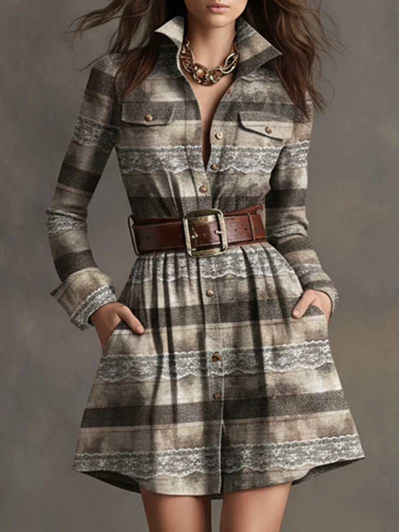 Belted Plaid Mini Shirt Dress for Women with Long Sleeves and Pockets in Gray, front view