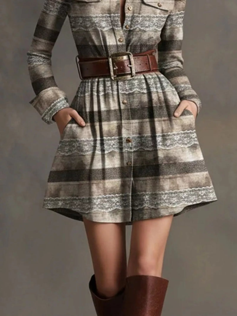 Belted Plaid Mini Shirt Dress for Women with Long Sleeves and Pockets in Gray, styled view