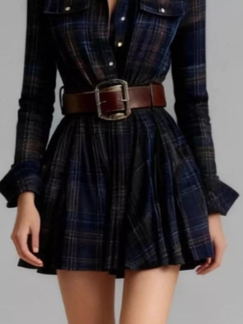 Belted Plaid Mini Shirt Dress for Women with Long Sleeves and Pockets in Navy, close-up