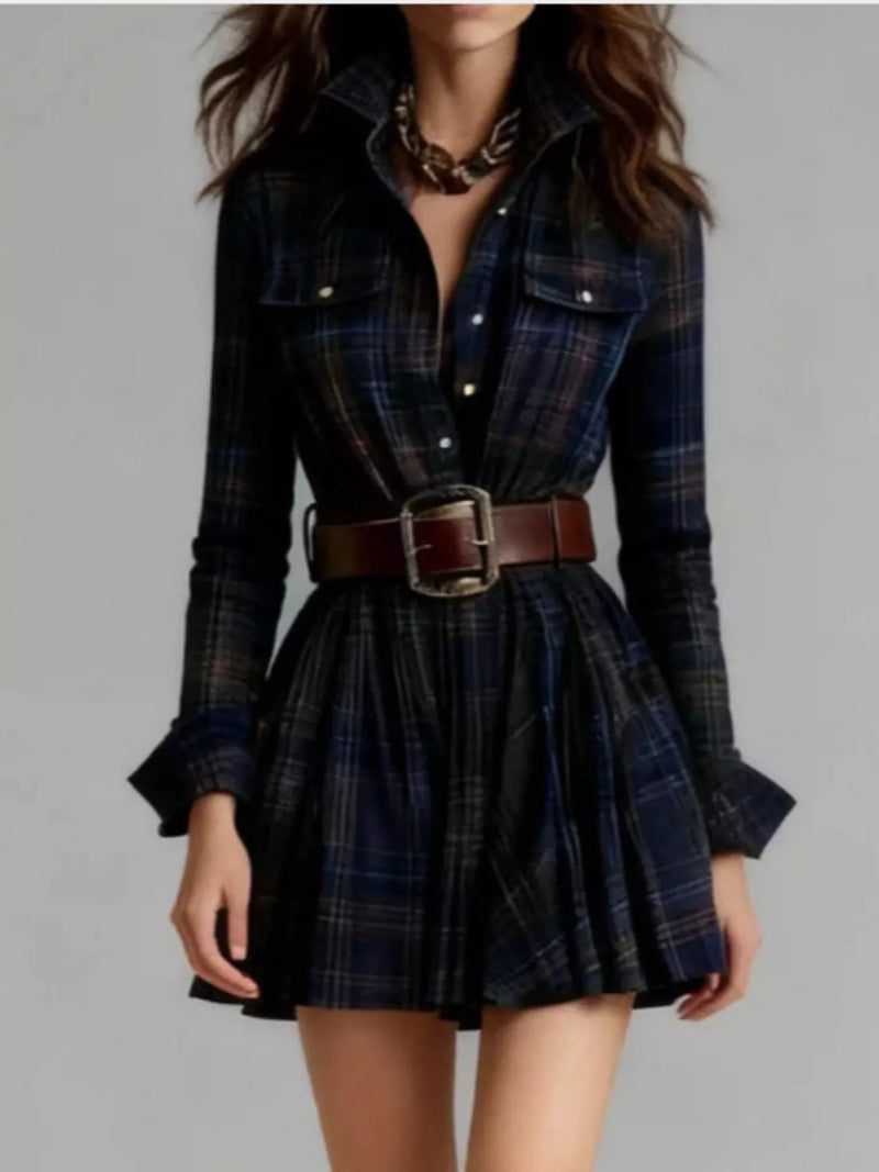 Belted Plaid Mini Shirt Dress for Women with Long Sleeves and Pockets in Navy, front view