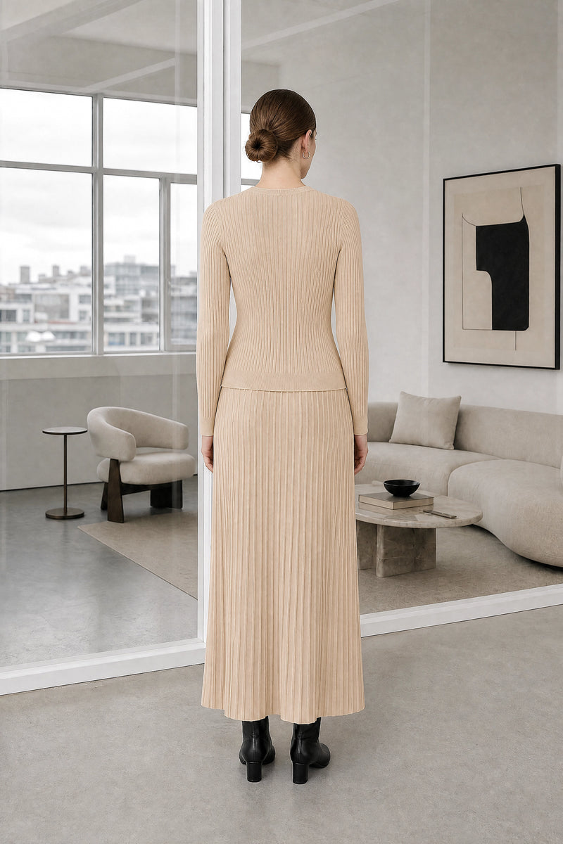 Noelle | Pleated Sweater Set in Apricot, studio back view