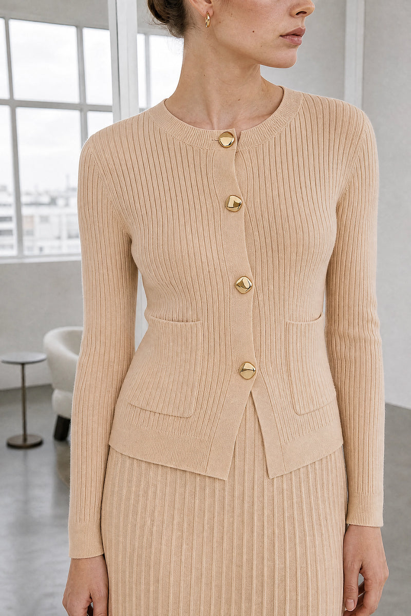 Noelle | Pleated Sweater Set in Apricot, fabric close-up