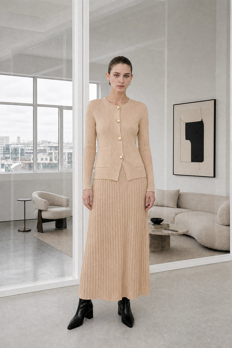 Noelle | Pleated Sweater Set in Apricot, studio front view
