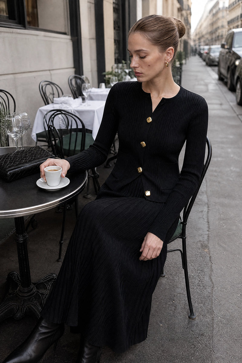SOFAINE-V7-LIFE-Noelle | Pleated Sweater Set in Black, café scene
