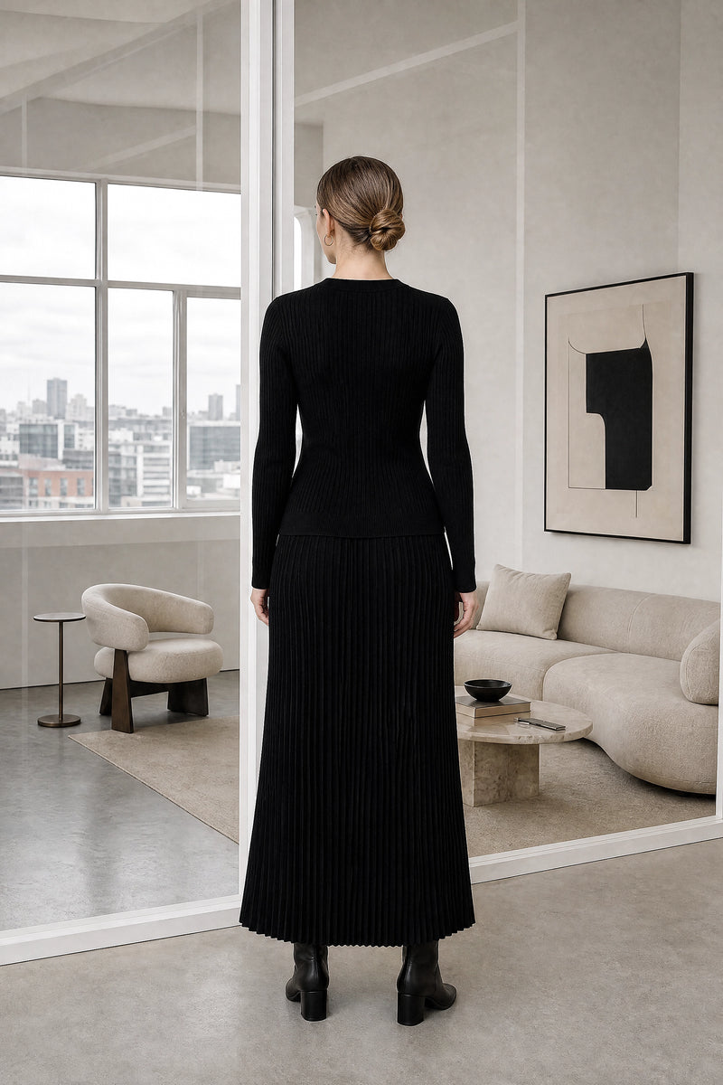 Noelle | Pleated Sweater Set in Black, studio back view