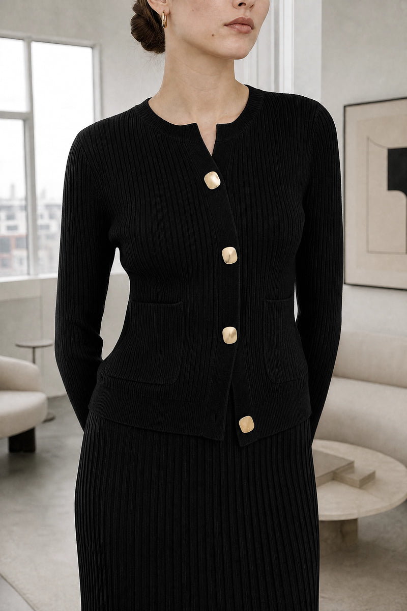 Noelle | Pleated Sweater Set in Black, fabric close-up