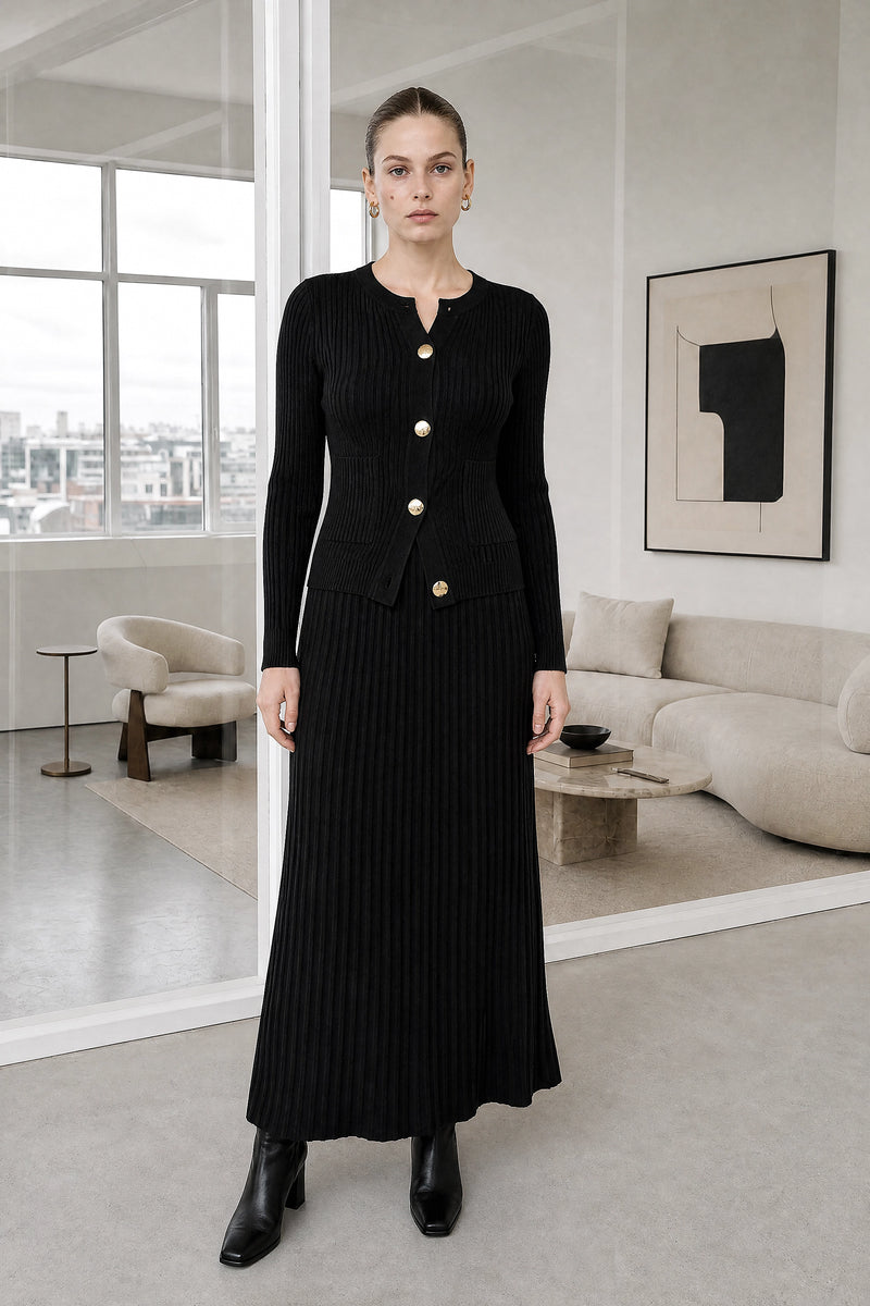 Noelle | Pleated Sweater Set in Black, studio front view